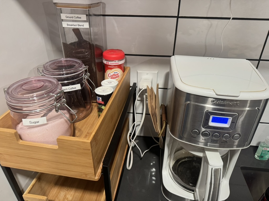 Coffee bar with drip coffee maker, ground and instant coffee, sugar and creamer
