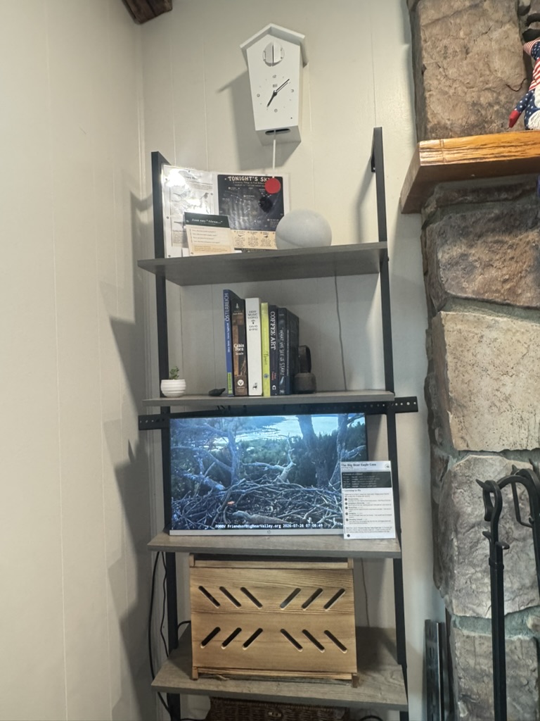 Shelf beside the stone fireplace with a live Big Bear bald eagle nest camera on screen, books and a cuckoo clock