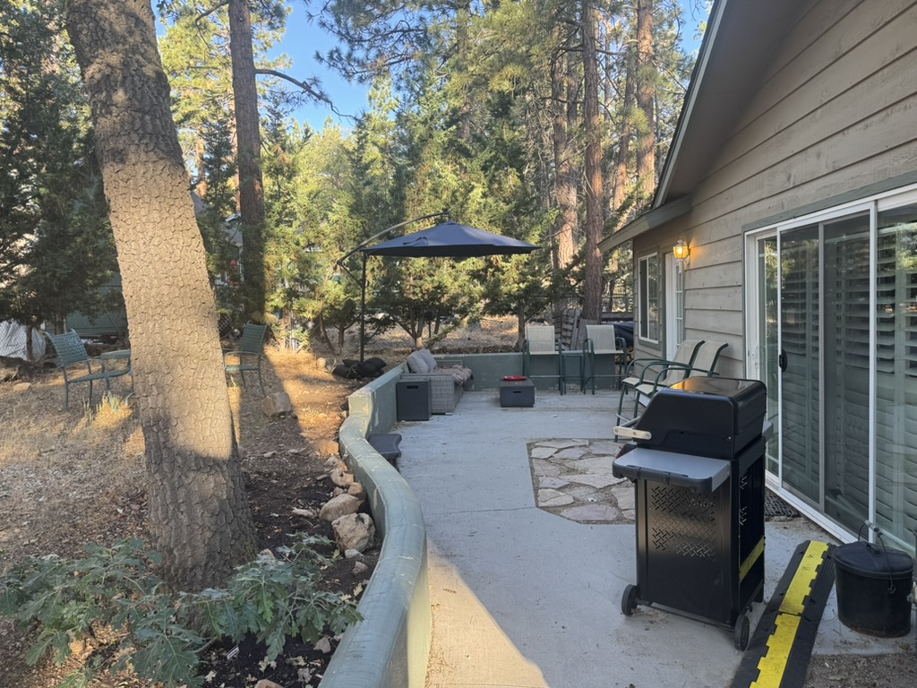 Wide view of the back patio surrounded by tall Jeffrey pines with the grill beside the sliding door